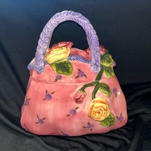Pink Purple Handled Purse Cookie Jar w/ Rose details Handbag